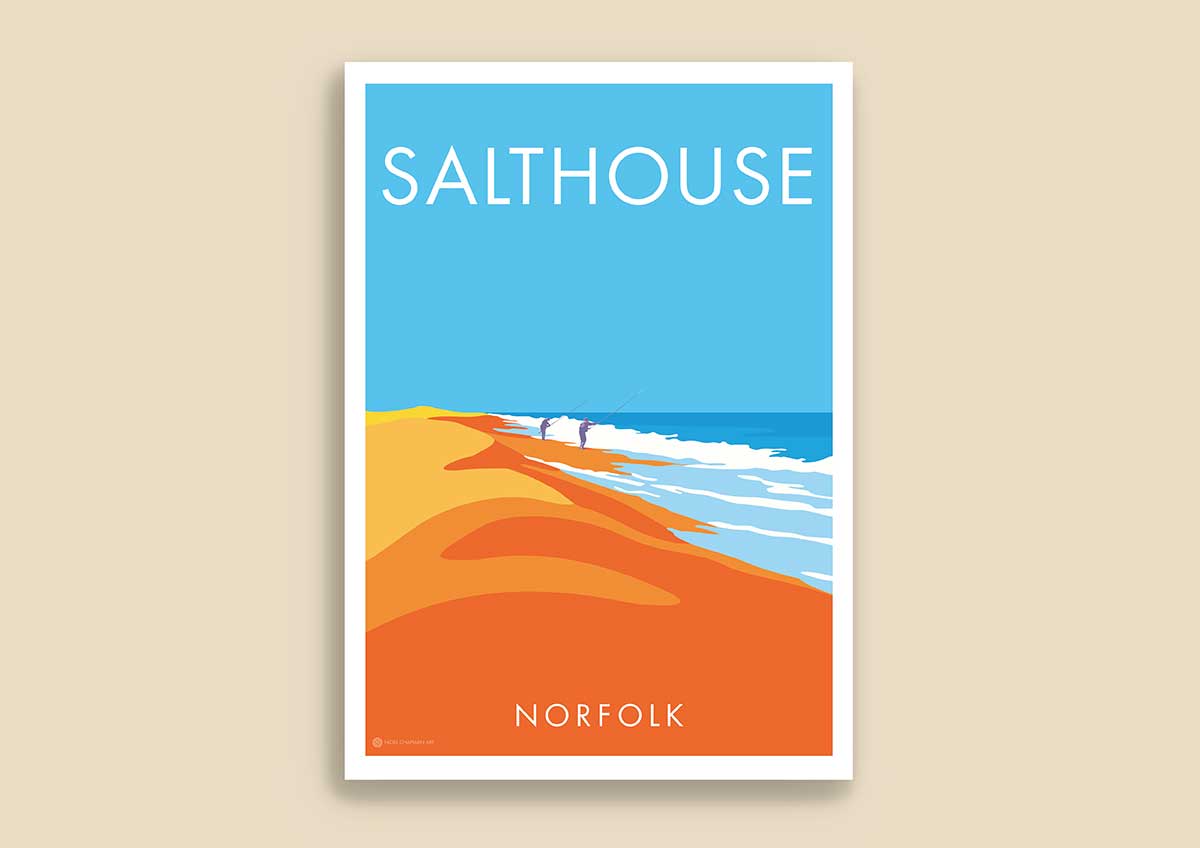 Contemporary digital hand-drawn print of Salthouse Beach, Norfolk
