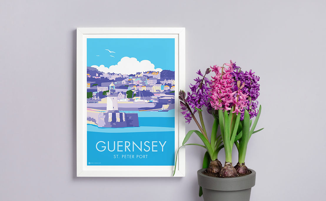 Contemporary digital hand-drawn print of St Peter Port in Guernsey