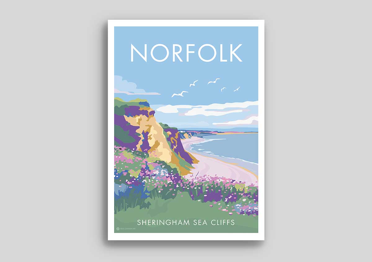 Contemporary digital hand-drawn print of Sheringham Sea Cliffs, Norfolk