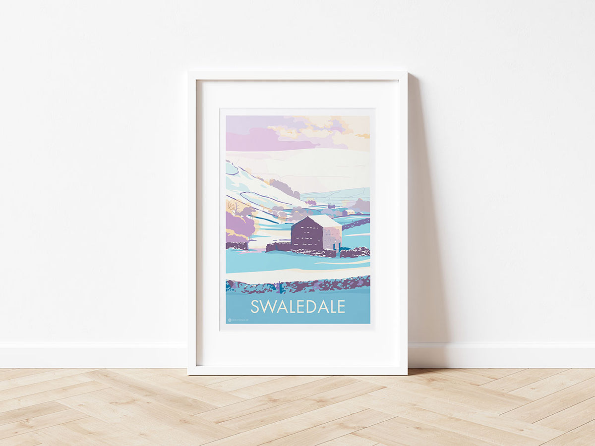 Contemporary digital hand-drawn print of stone barns in Upper Swaledale