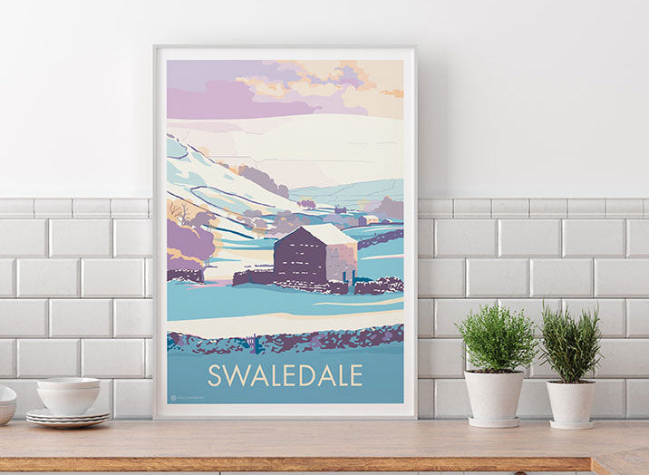 Contemporary digital hand-drawn print of stone barns in Upper Swaledale