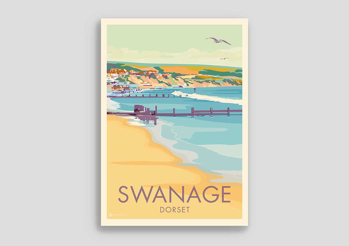 Contemporary digital hand-drawn print of Swanage, Dorset